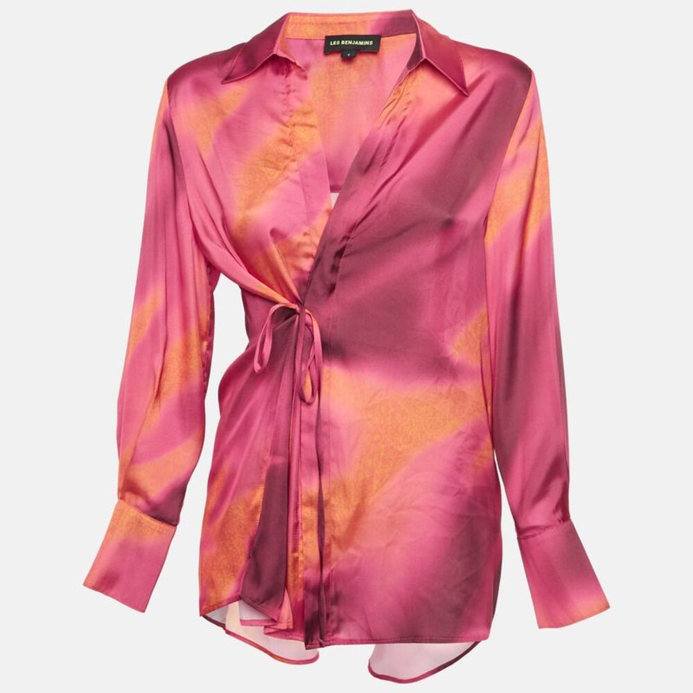 Les Benjamins Pink Red Dahlia Carpet Allover Print Satin Shirt S